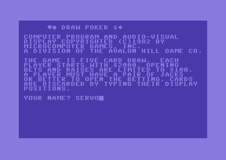 Five Card Draw Poker Commodore 64 Screenshot: Starting screen; enter your name...