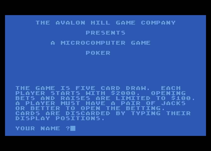 Five Card Draw Poker Atari 8-bit Screenshot: Title screen.