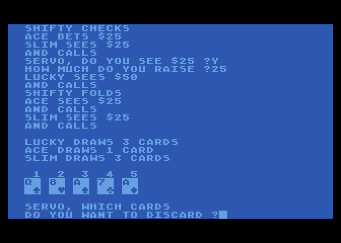 Five Card Draw Poker Atari 8-bit Screenshot: Select the cards to discard.