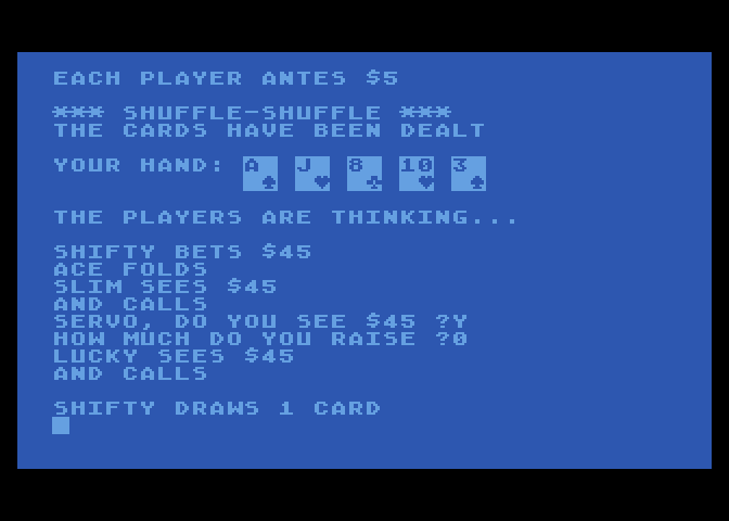 Five Card Draw Poker Atari 8-bit Screenshot: The computer players are drawing cards...