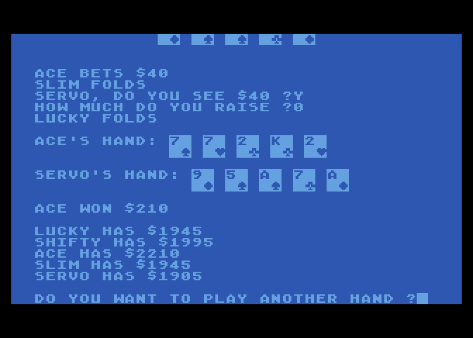 Five Card Draw Poker Atari 8-bit Screenshot: Drat, I lost...