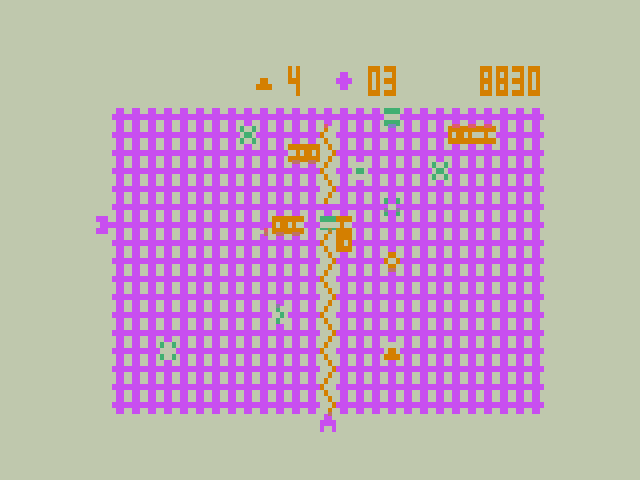 Gridrunner Dragon 32/64 Screenshot: Another laser fires, better be quick to dodge it!