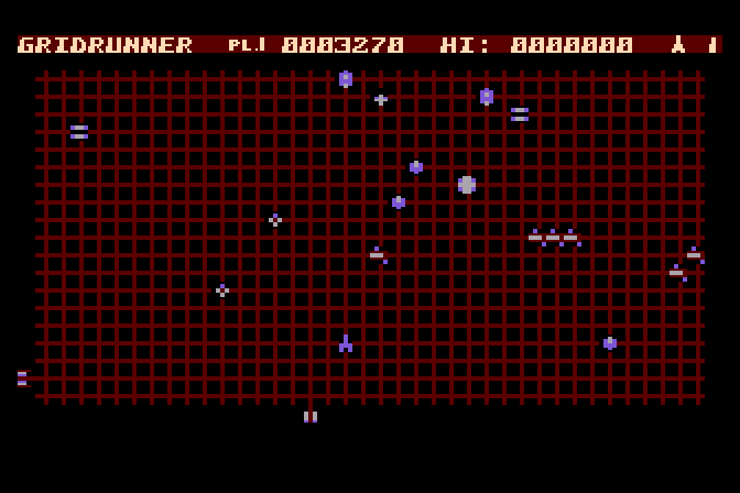 Gridrunner Atari 8-bit Screenshot: The game gets faster and more difficult as the levels progress...