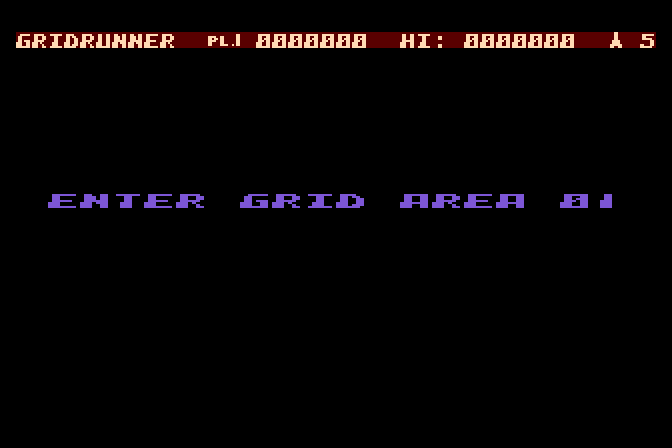 Gridrunner Atari 8-bit Screenshot: Ready to begin Grid Area 01?
