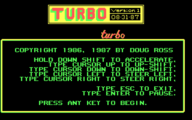 Turbo IBM PC/Compatibles Screenshot: Title screen.