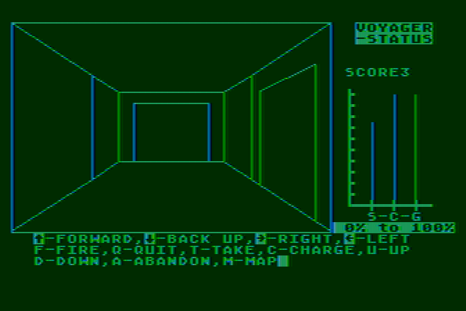 Voyager I: Sabotage of the Robot Ship Atari 8-bit Screenshot: This ship is a maze; which way to go from here?