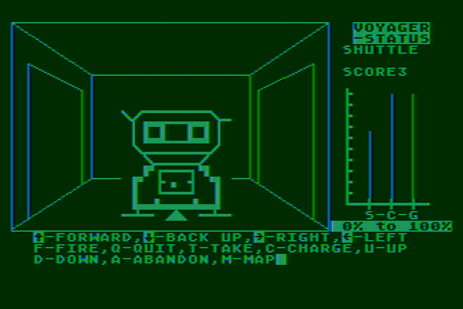 Voyager I: Sabotage of the Robot Ship Atari 8-bit Screenshot: Hmm, this is an interesting looking robot!