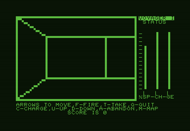 Voyager I: Sabotage of the Robot Ship Commodore PET Screenshot: Heading down a hall, nothing here so far...