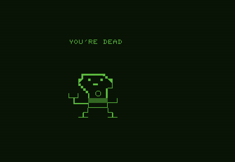 Voyager I: Sabotage of the Robot Ship Commodore PET Screenshot: I'm dead! Robot caught me, I'll have to try again...