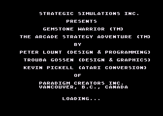 Gemstone Warrior Atari 8-bit Screenshot: Loading screen.