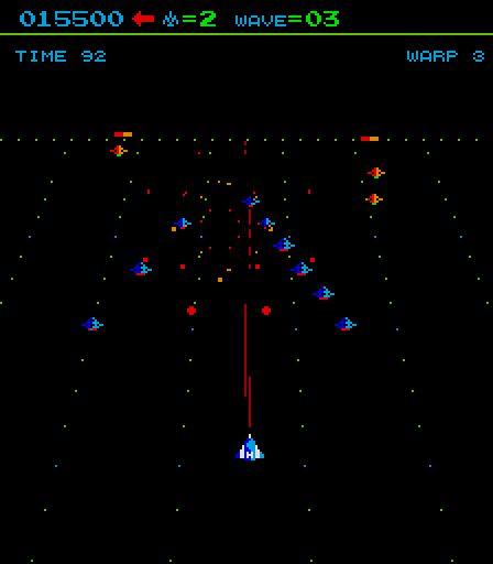Juno First Arcade Screenshot: Shooting an invader formation...