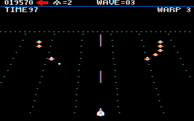 Juno First IBM PC/Compatibles Screenshot: Incoming enemy saucer formation...