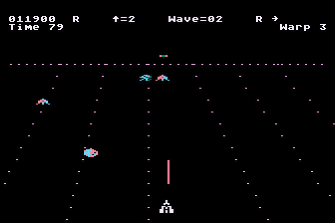 Juno First Atari 8-bit Screenshot: Blasting opponents...