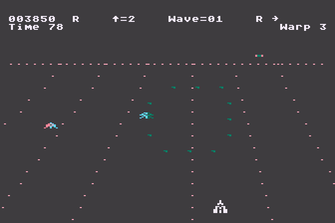 Juno First Atari 8-bit Screenshot: Rescued an astronaut, time for a bonus...
