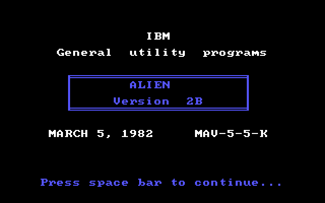 Alien IBM PC/Compatibles Screenshot: Title screen.