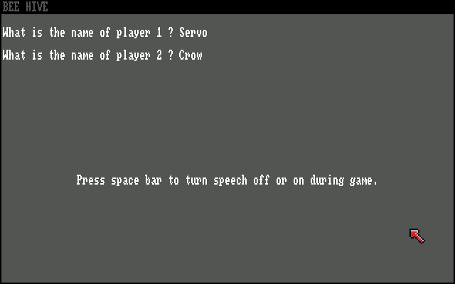 Beehive Amiga Screenshot: Game start; first, enter the player names...