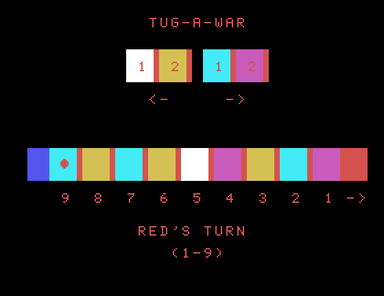 Tug-A-War TI-99/4A Screenshot: Red player is currently losing...by a lot!