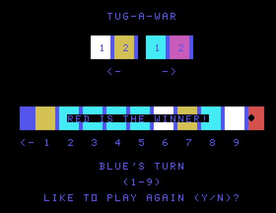Tug-A-War TI-99/4A Screenshot: Red player wins the game!