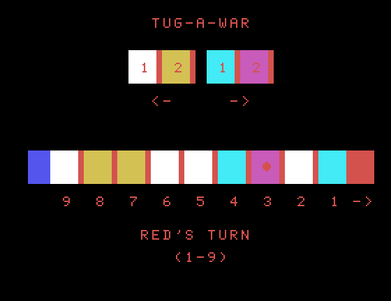 Tug-A-War TI-99/4A Screenshot: Now it's red's turn...