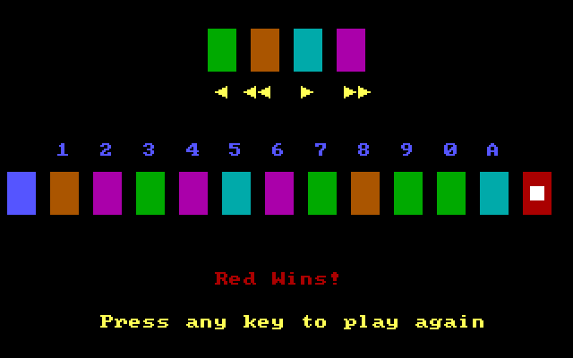 Tug-A-War IBM PC/Compatibles Screenshot: Game over; Red player wins!