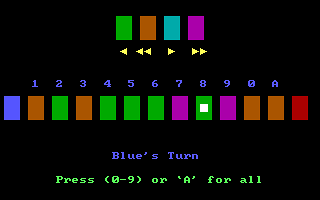 Tug-A-War IBM PC/Compatibles Screenshot: Blue's turn again...so far Red is winning!
