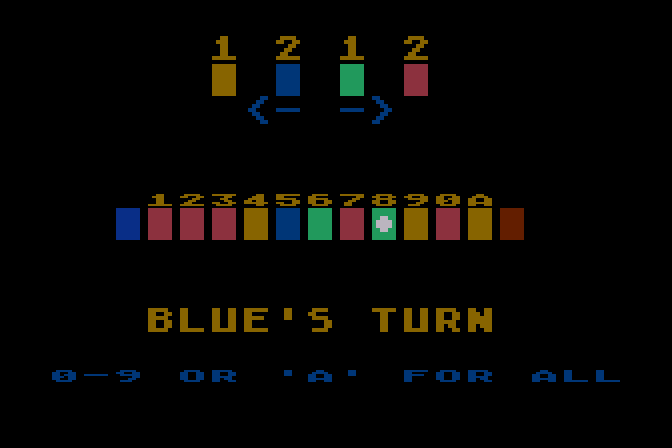 Tug-A-War Atari 8-bit Screenshot: Blue's turn...Red is still winning, though!