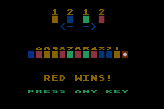 Tug-A-War Atari 8-bit Screenshot: Game over, and Red has one this time!