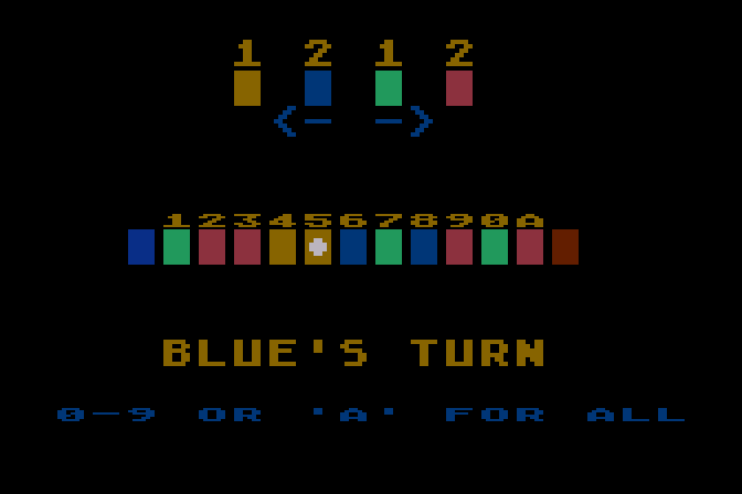 Tug-A-War Atari 8-bit Screenshot: Blue starts to pull ahead...