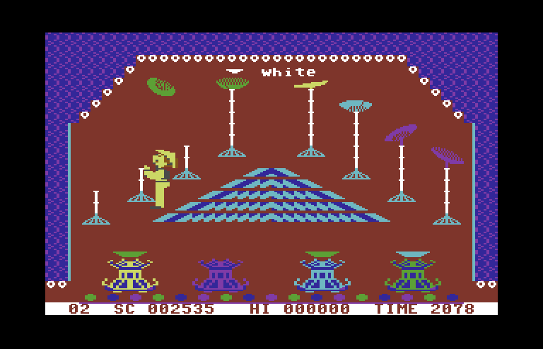 Chinese Juggler Commodore 64 Screenshot: Oops, the non-white plate spins off the screen...