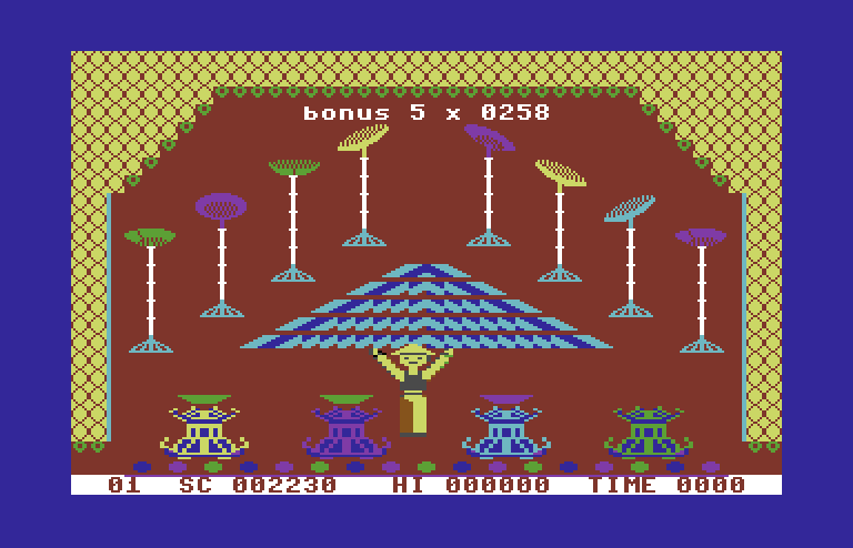 Chinese Juggler Commodore 64 Screenshot: Level completed! Bonus points awarded...
