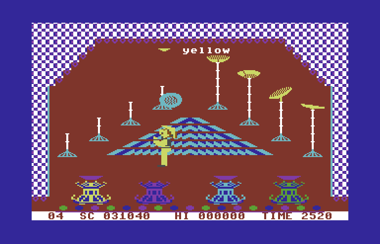 Chinese Juggler Commodore 64 Screenshot: All of the plates need to be yellow here!