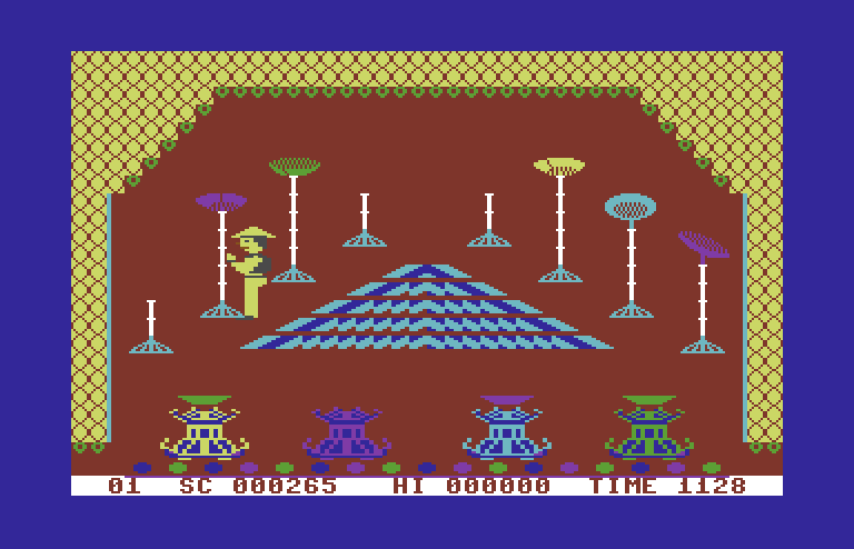 Chinese Juggler Commodore 64 Screenshot: Only a few more plates to juggle!