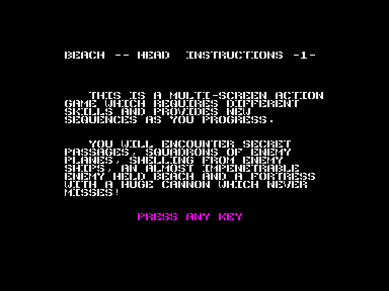 Beach-Head Enterprise Screenshot: First page of the game instructions.