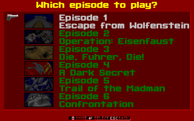 Wolfenstein 3D IBM PC/Compatibles Screenshot: Select an episode...