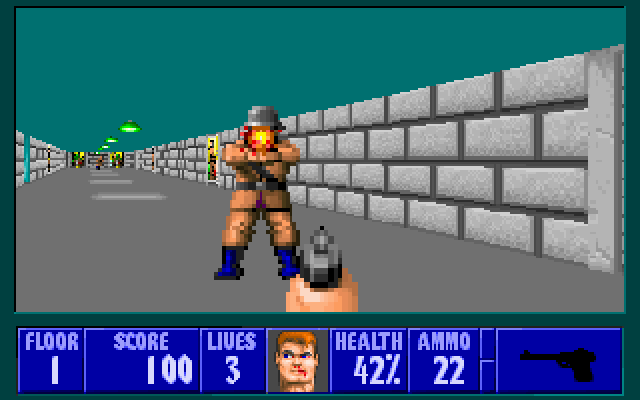 Wolfenstein 3D IBM PC/Compatibles Screenshot: Quick, fire before you get shot!