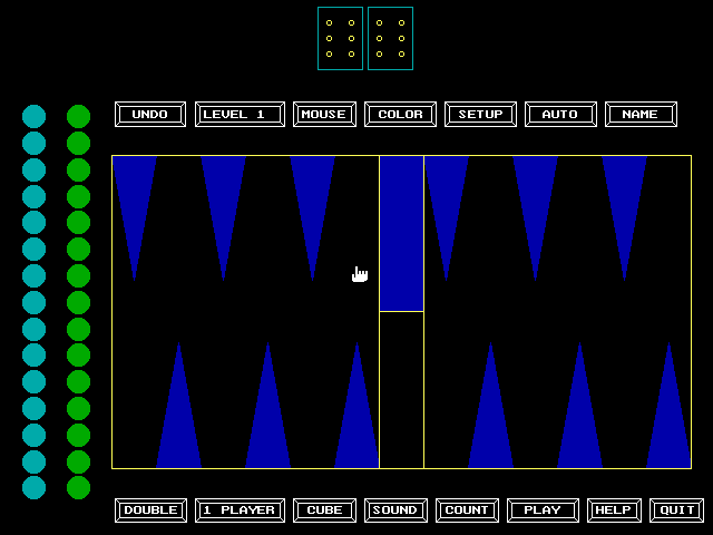 World Champion Backgammon IBM PC/Compatibles Screenshot: Starting screen and menu.