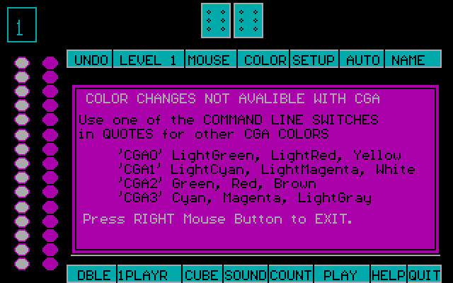 World Champion Backgammon IBM PC/Compatibles Screenshot: Color menu.