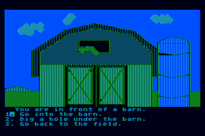 Dragon's Keep Atari 8-bit Screenshot: I wonder what's in the barn?