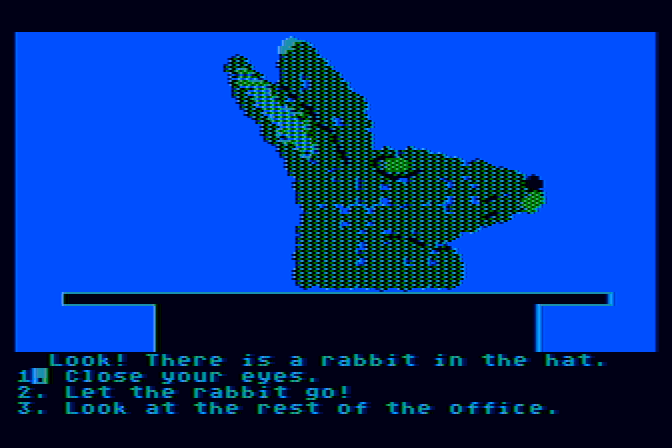 Dragon's Keep Atari 8-bit Screenshot: A rabbit in a hat.