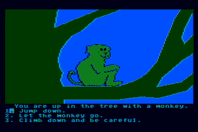 Dragon's Keep Atari 8-bit Screenshot: A monkey is in this tree!