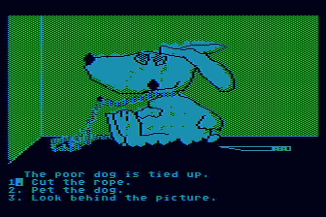 Dragon's Keep Atari 8-bit Screenshot: I found a dog! I should help him...