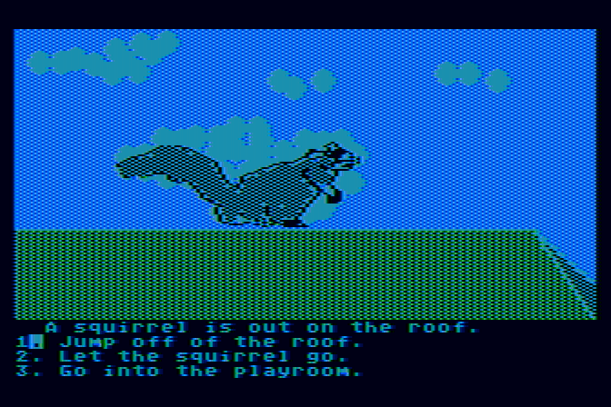 Dragon's Keep Atari 8-bit Screenshot: A squirrel is on the roof!