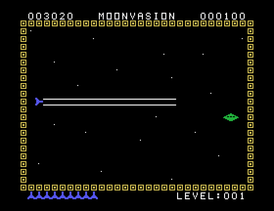 Moonvasion TI-99/4A Screenshot: Firing at the saucer...looks like I missed again!