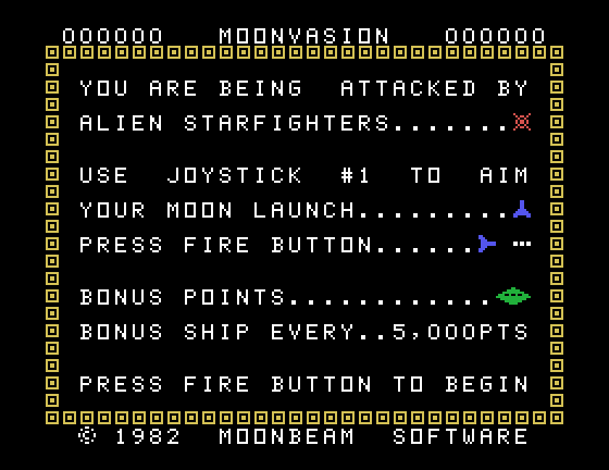 Moonvasion TI-99/4A Screenshot: Title screen and game options.