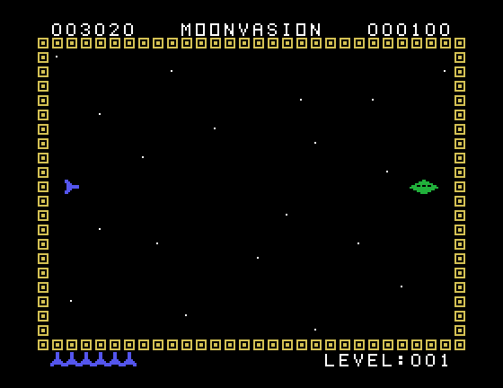 Moonvasion TI-99/4A Screenshot: Bonus round; shoot the saucer!