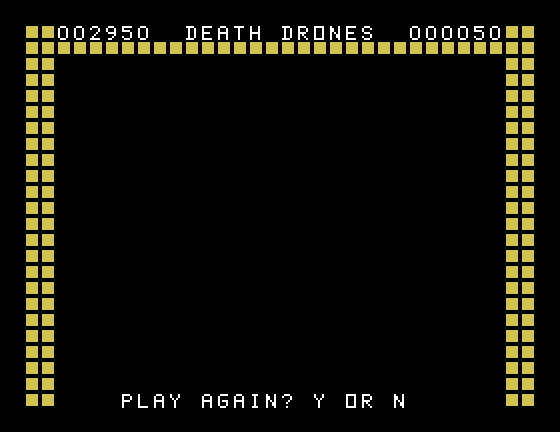 Death Drones TI-99/4A Screenshot: Game over; play again?