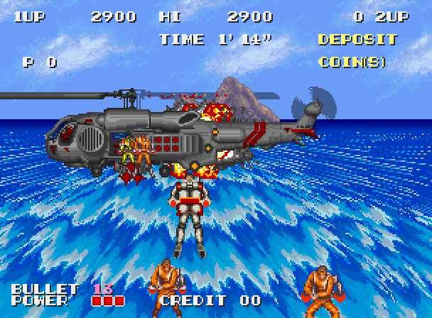 S.P.Y. Special Project Y Arcade Screenshot: This chopper is the first end of level boss.
