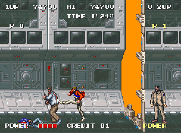 S.P.Y. Special Project Y Arcade Screenshot: Kicking an opponent in the back! Once he's down, the force field to the right will move out of the way...