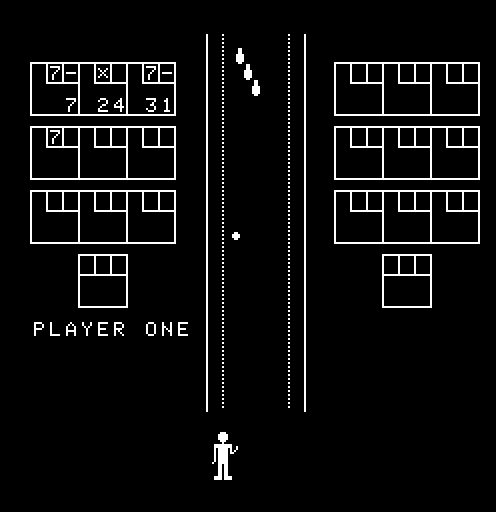 Robot Bowl Arcade Screenshot: Three pins left, can I hit them?