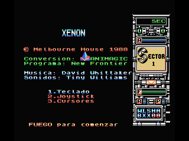 Xenon MSX Screenshot: Title screen and main menu.